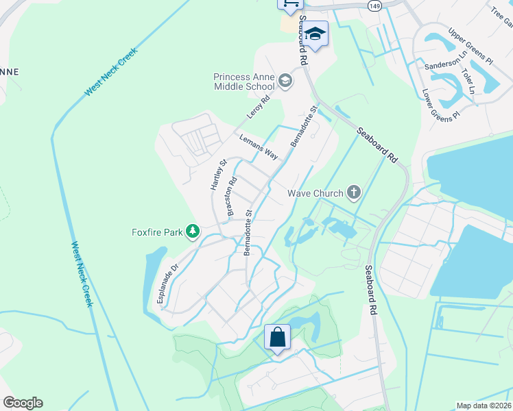 map of restaurants, bars, coffee shops, grocery stores, and more near 2645 Bernadotte Street in Virginia Beach