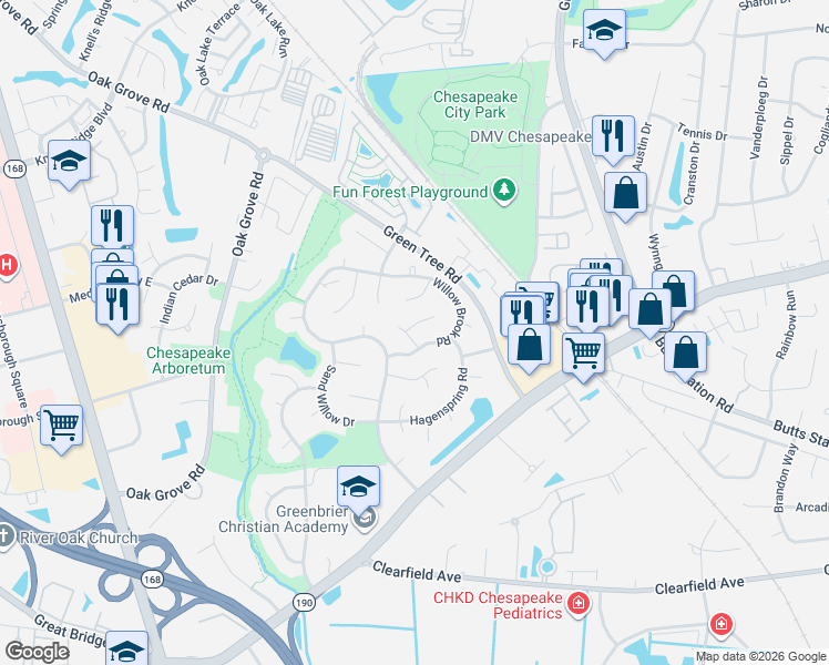 map of restaurants, bars, coffee shops, grocery stores, and more near 739 Willow Brook Road in Chesapeake