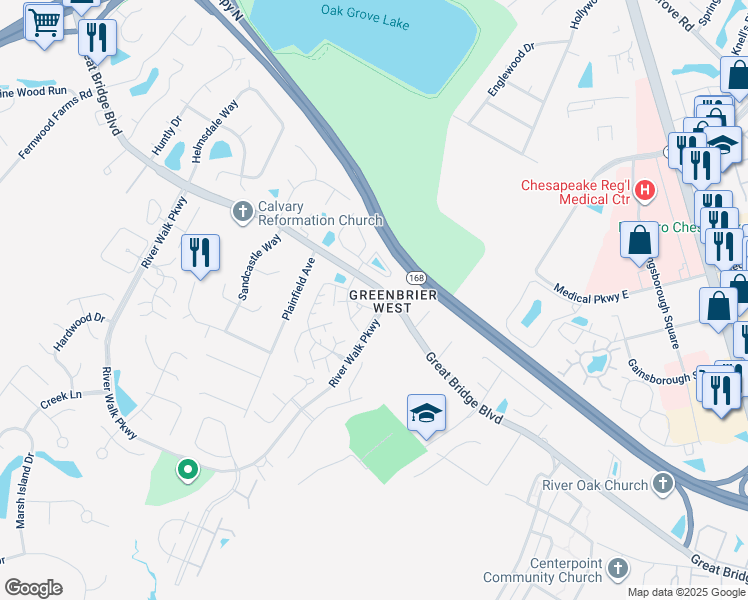 map of restaurants, bars, coffee shops, grocery stores, and more near 2312 Sand Willow Court in Chesapeake