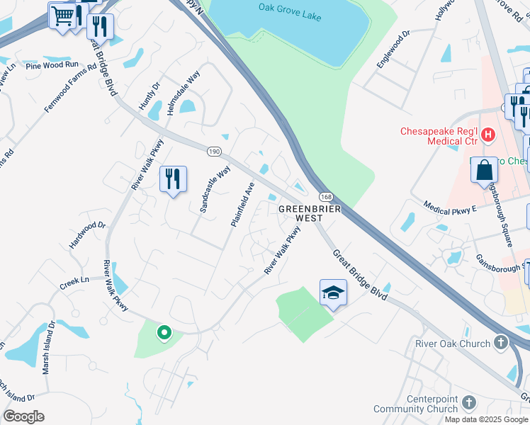 map of restaurants, bars, coffee shops, grocery stores, and more near 1710 Willow Point Arch in Chesapeake