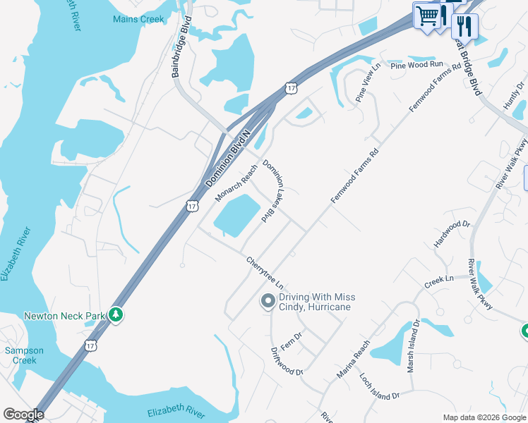 map of restaurants, bars, coffee shops, grocery stores, and more near 1317 Dominion Lakes Boulevard in Chesapeake