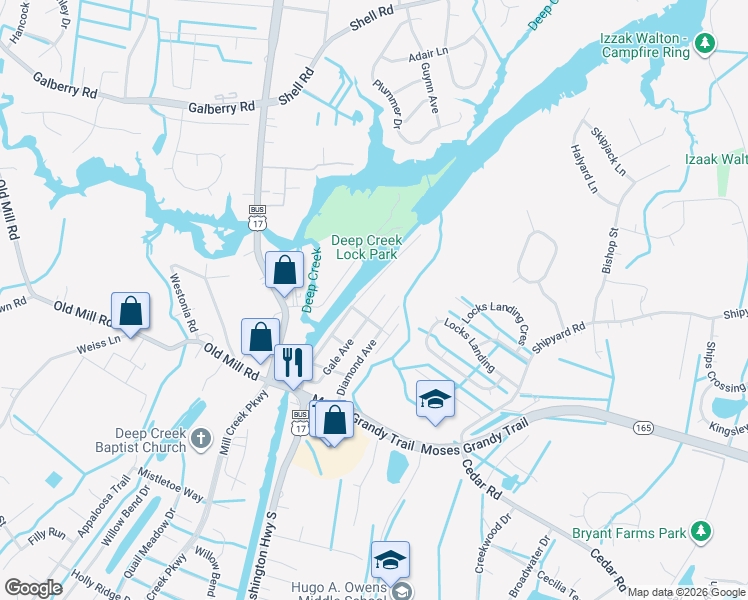 map of restaurants, bars, coffee shops, grocery stores, and more near 310 Gale Avenue in Chesapeake