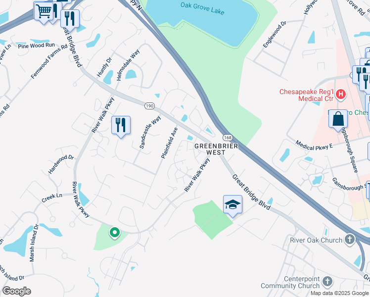 map of restaurants, bars, coffee shops, grocery stores, and more near 1710 Willow Point Arch in Chesapeake