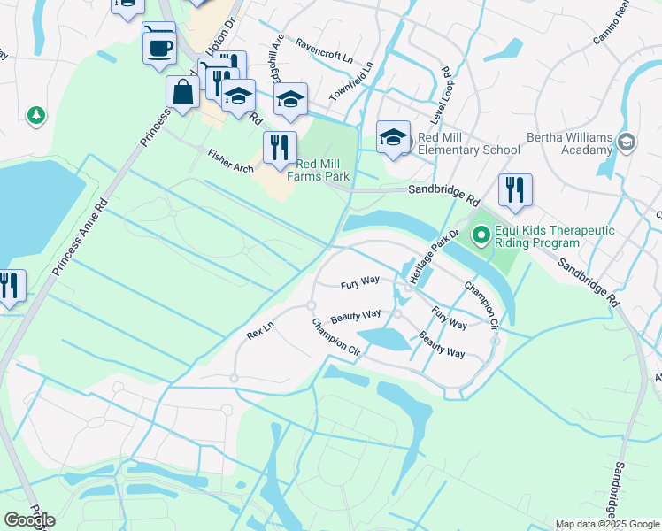 map of restaurants, bars, coffee shops, grocery stores, and more near 1924 Champion Circle in Virginia Beach