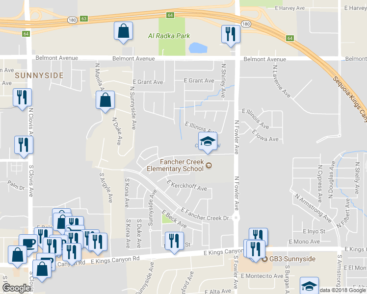 map of restaurants, bars, coffee shops, grocery stores, and more near 5913 East Tulare Avenue in Fresno