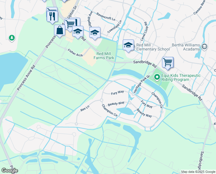 map of restaurants, bars, coffee shops, grocery stores, and more near 1924 Champion Circle in Virginia Beach