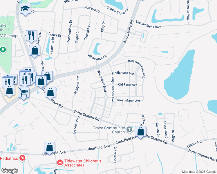 map of restaurants, bars, coffee shops, grocery stores, and more near 617 Old Fields Arch in Chesapeake
