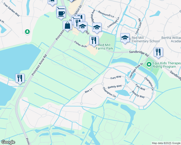 map of restaurants, bars, coffee shops, grocery stores, and more near 1916 Dale Greene Place in Virginia Beach