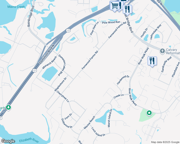 map of restaurants, bars, coffee shops, grocery stores, and more near 812 Fernbridge Place in Chesapeake