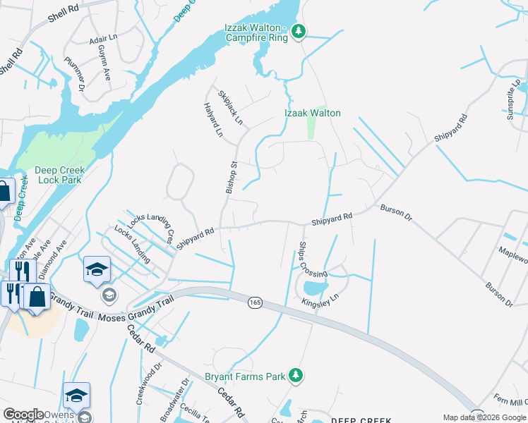 map of restaurants, bars, coffee shops, grocery stores, and more near 2232 Shipyard Road in Chesapeake