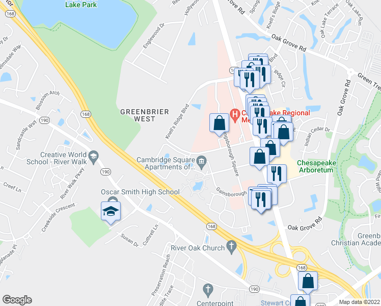 map of restaurants, bars, coffee shops, grocery stores, and more near 411 Medical Parkway in Chesapeake