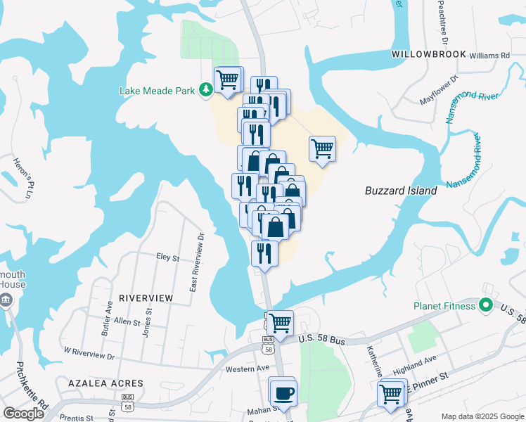 map of restaurants, bars, coffee shops, grocery stores, and more near 1034 North Main Street in Suffolk
