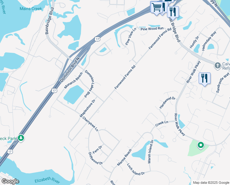 map of restaurants, bars, coffee shops, grocery stores, and more near 821 Fernbridge Place in Chesapeake