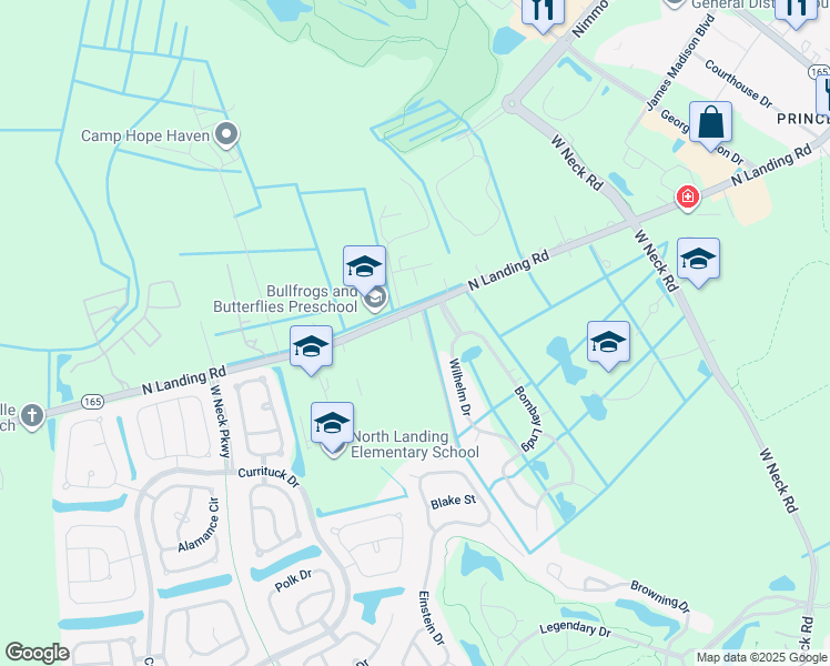 map of restaurants, bars, coffee shops, grocery stores, and more near 2813 North Landing Road in Virginia Beach