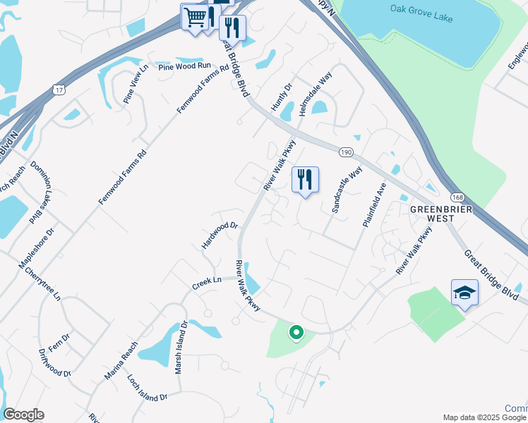 map of restaurants, bars, coffee shops, grocery stores, and more near 704 Meherrin River Court in Chesapeake