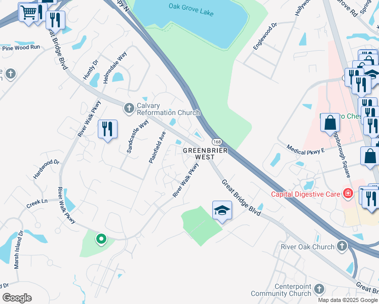 map of restaurants, bars, coffee shops, grocery stores, and more near 2418 Willow Point Arch in Chesapeake