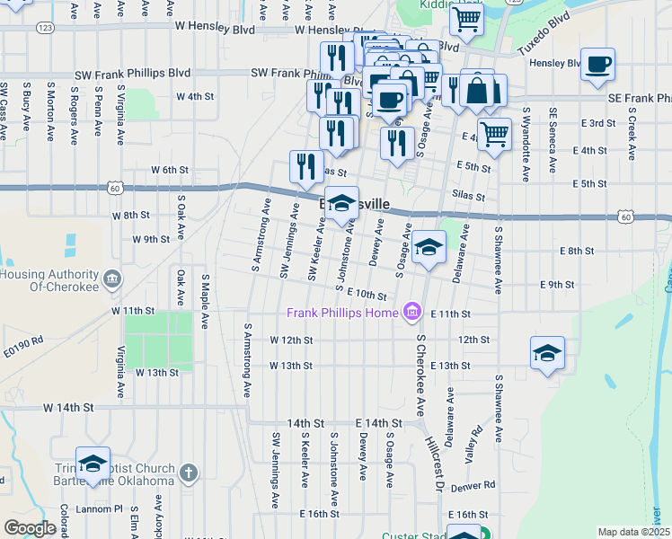 map of restaurants, bars, coffee shops, grocery stores, and more near 901 South Johnstone Avenue in Bartlesville