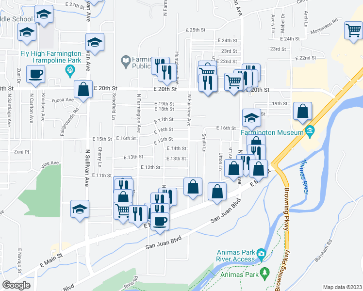 map of restaurants, bars, coffee shops, grocery stores, and more near 2324 East 14th Street in Farmington