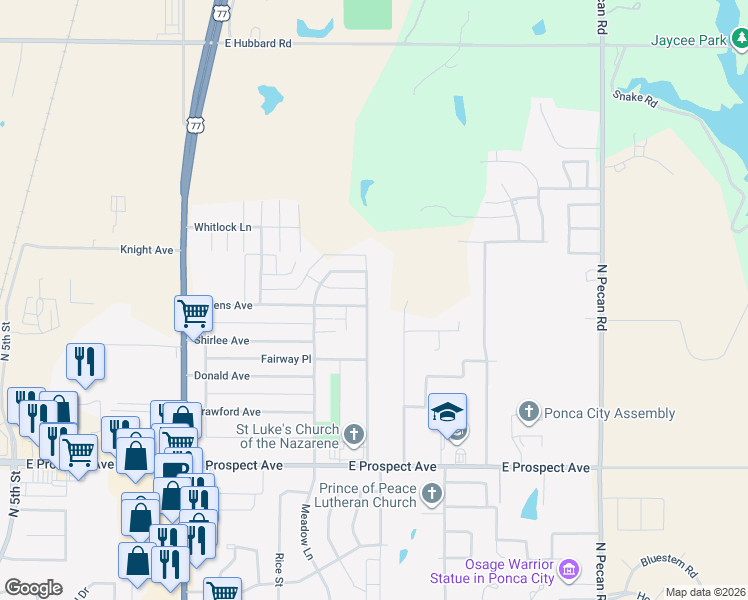 map of restaurants, bars, coffee shops, grocery stores, and more near 3401 Kingston Road in Ponca City