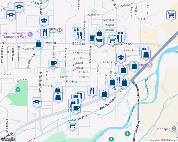 map of restaurants, bars, coffee shops, grocery stores, and more near 2332 East 14th Street in Farmington