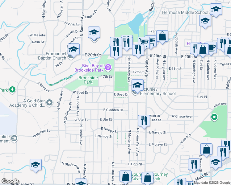 map of restaurants, bars, coffee shops, grocery stores, and more near 1309 East Boyd Drive in Farmington