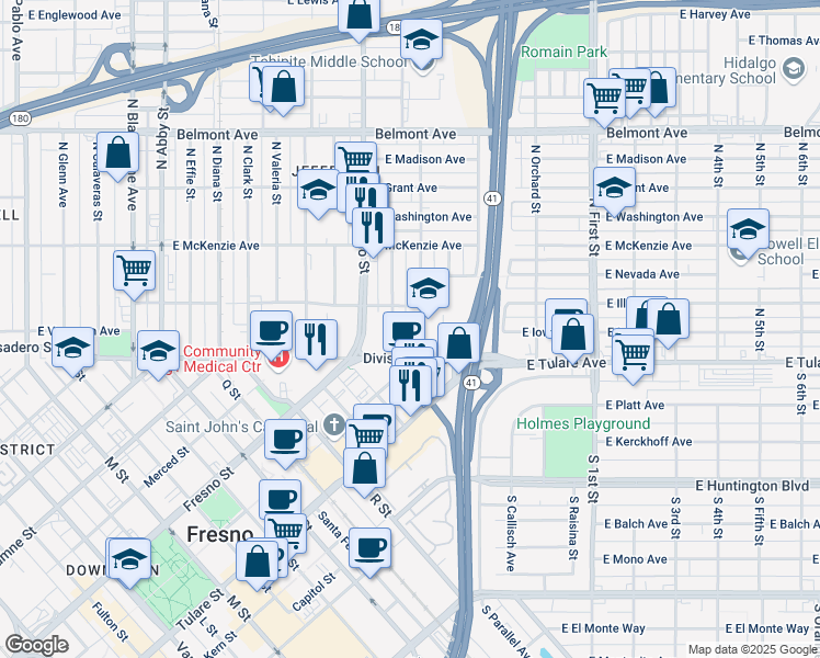 map of restaurants, bars, coffee shops, grocery stores, and more near 135 North Mariposa Street in Fresno