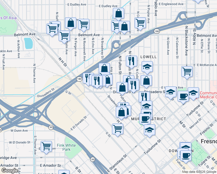 map of restaurants, bars, coffee shops, grocery stores, and more near 799 East Voorman Avenue in Fresno