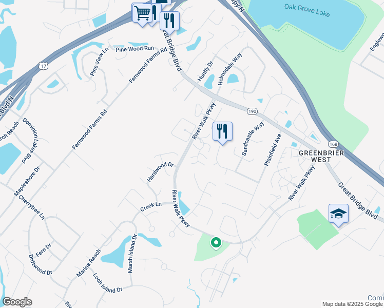 map of restaurants, bars, coffee shops, grocery stores, and more near 704 Meherrin River Court in Chesapeake