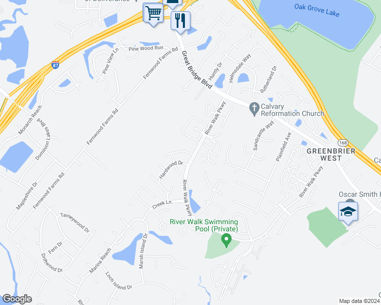 map of restaurants, bars, coffee shops, grocery stores, and more near 800 Needlerush Court in Chesapeake