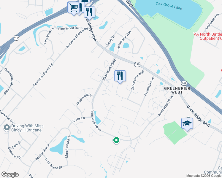 map of restaurants, bars, coffee shops, grocery stores, and more near 700 Nottoway River Court in Chesapeake