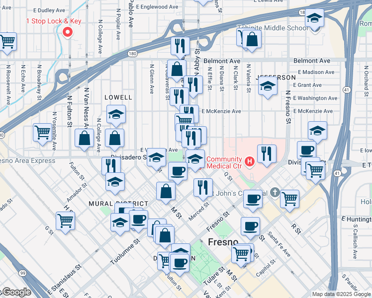 map of restaurants, bars, coffee shops, grocery stores, and more near 144 North Blackstone Avenue in Fresno