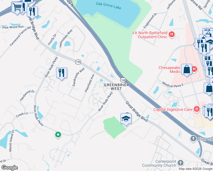 map of restaurants, bars, coffee shops, grocery stores, and more near 2410 Willow Point Arch in Chesapeake