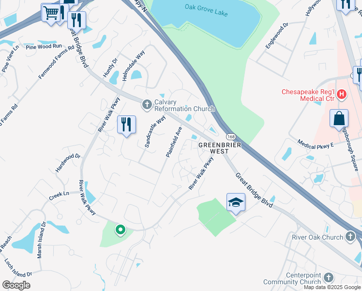 map of restaurants, bars, coffee shops, grocery stores, and more near 507 Plainfield Avenue in Chesapeake