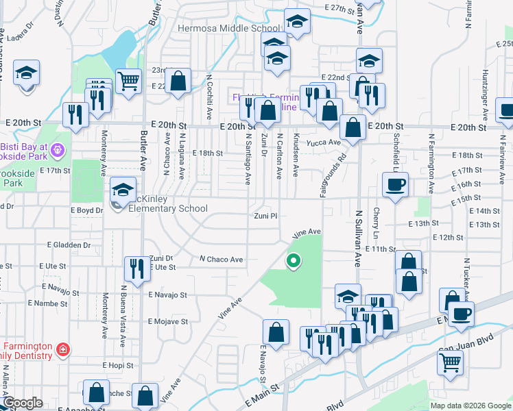 map of restaurants, bars, coffee shops, grocery stores, and more near 1300 Zuni Place in Farmington