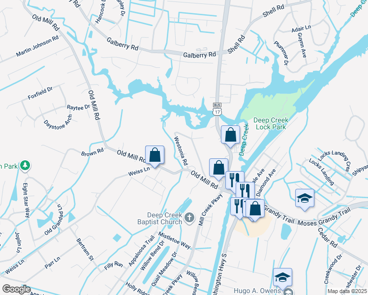 map of restaurants, bars, coffee shops, grocery stores, and more near 118 Westonia Road in Chesapeake