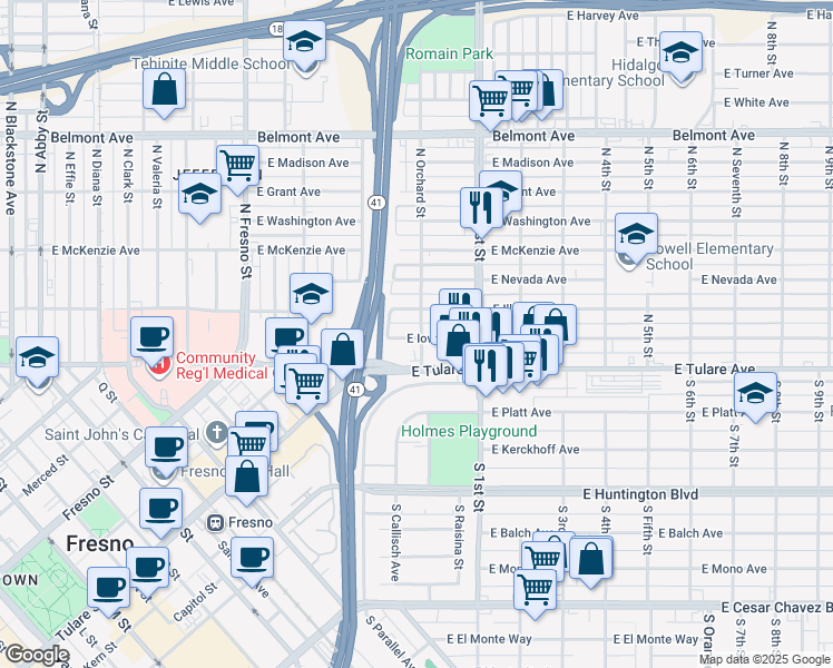 map of restaurants, bars, coffee shops, grocery stores, and more near 125 North Orchard Street in Fresno