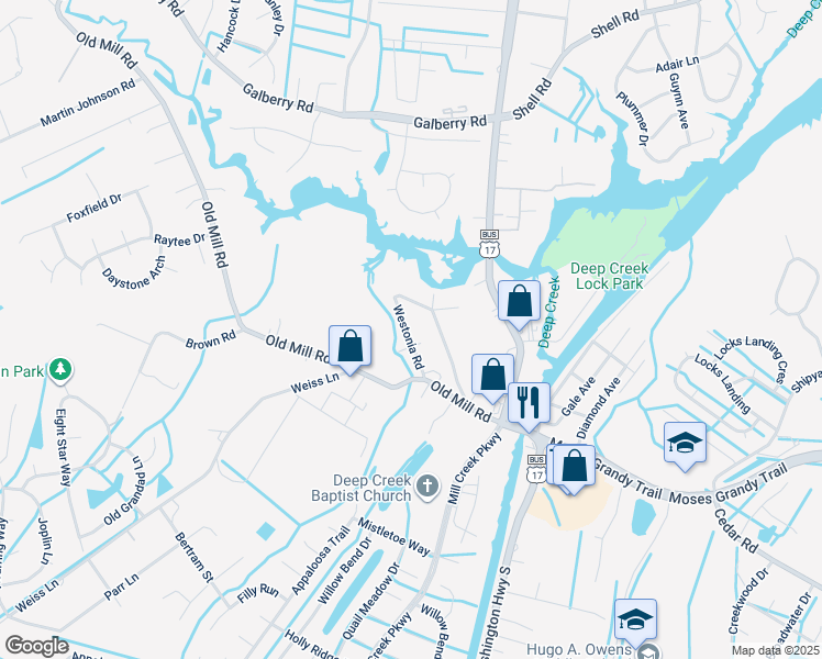 map of restaurants, bars, coffee shops, grocery stores, and more near 128 Westonia Road in Chesapeake