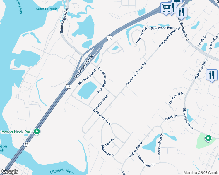 map of restaurants, bars, coffee shops, grocery stores, and more near 1213 Spruce Lane in Chesapeake