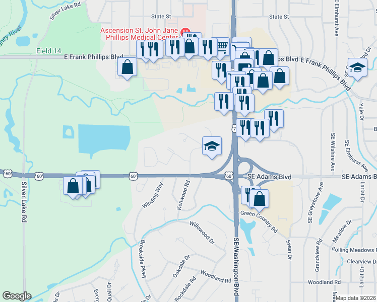 map of restaurants, bars, coffee shops, grocery stores, and more near 624 Brookhollow Lane in Bartlesville