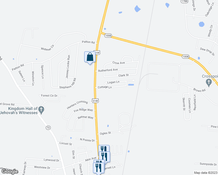 map of restaurants, bars, coffee shops, grocery stores, and more near Cottage Lane in Franklin