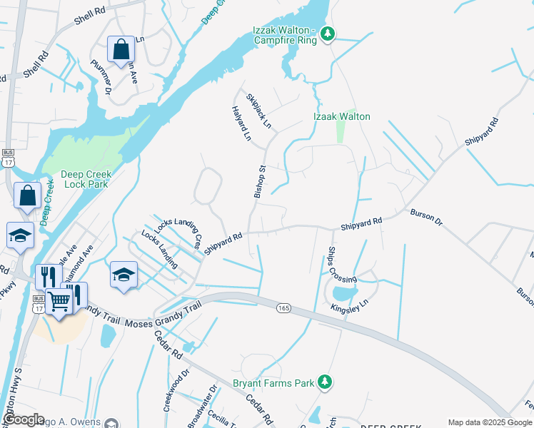 map of restaurants, bars, coffee shops, grocery stores, and more near 2260A Shipyard Road in Chesapeake
