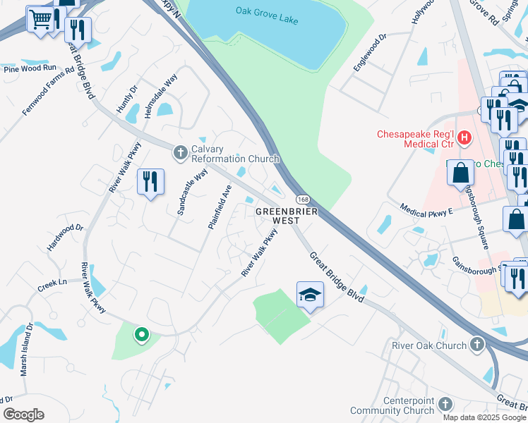 map of restaurants, bars, coffee shops, grocery stores, and more near 2406 Willow Point Arch in Chesapeake