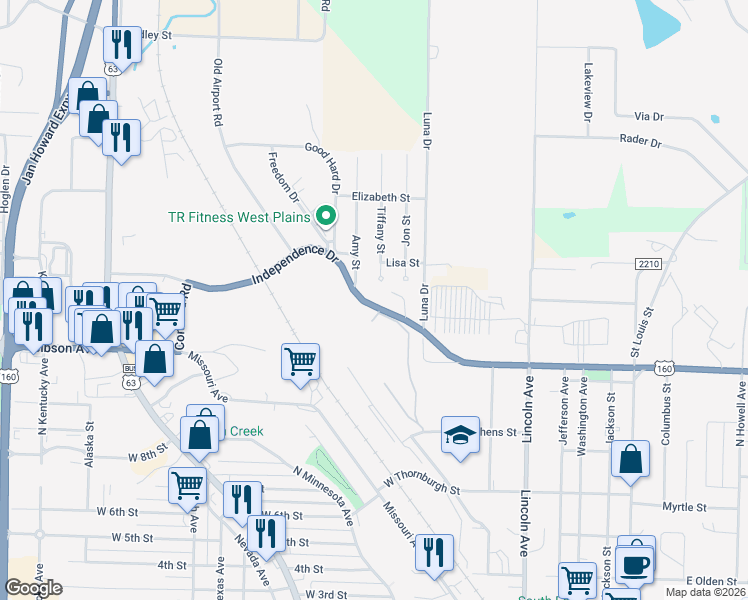 map of restaurants, bars, coffee shops, grocery stores, and more near 723 Independence Drive in West Plains