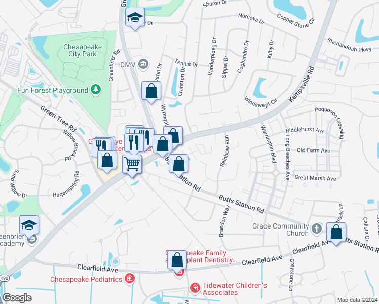 map of restaurants, bars, coffee shops, grocery stores, and more near 600 Railway Court in Chesapeake