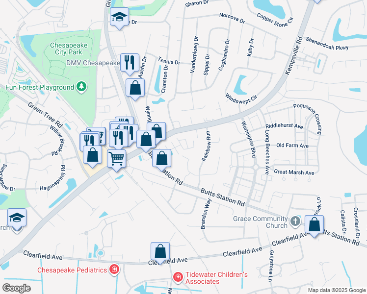 map of restaurants, bars, coffee shops, grocery stores, and more near 522 Track Crossing in Chesapeake