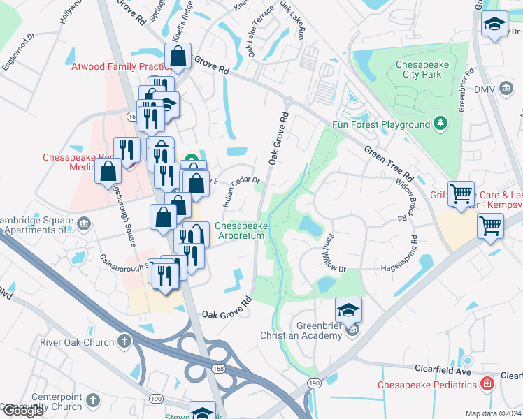 map of restaurants, bars, coffee shops, grocery stores, and more near 637 Oak Grove Road in Chesapeake