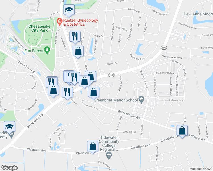 map of restaurants, bars, coffee shops, grocery stores, and more near 522 Track Crossing in Chesapeake
