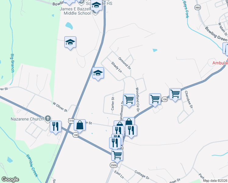 map of restaurants, bars, coffee shops, grocery stores, and more near 128-298 Southwest Circle in Scottsville