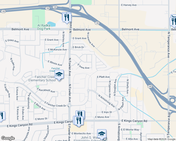 map of restaurants, bars, coffee shops, grocery stores, and more near 6163 East Iowa Avenue in Fresno