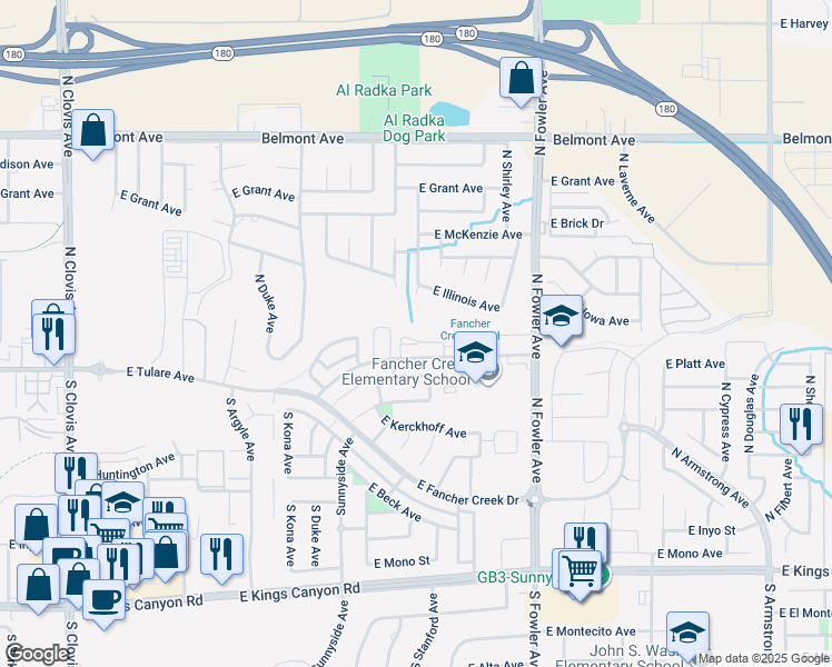 map of restaurants, bars, coffee shops, grocery stores, and more near 5913 East Tulare Avenue in Fresno